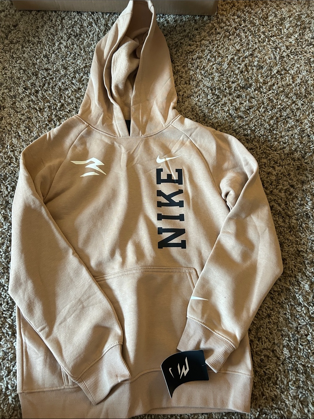 Nike boys  Beige/Tan Hooded Sweatshirt with Black Vertical Logo